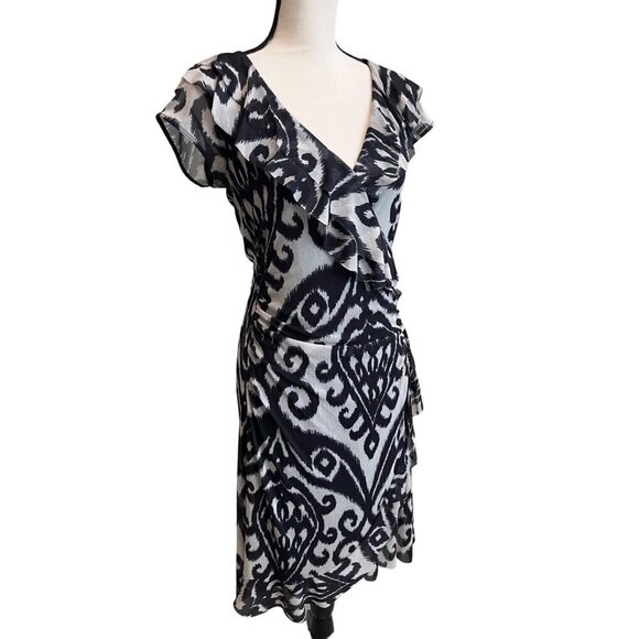 Anthropologie Weston Wear V-Neck Ruffle Dress Black & Gray Abstract Print Medium - Picture 3 of 9
